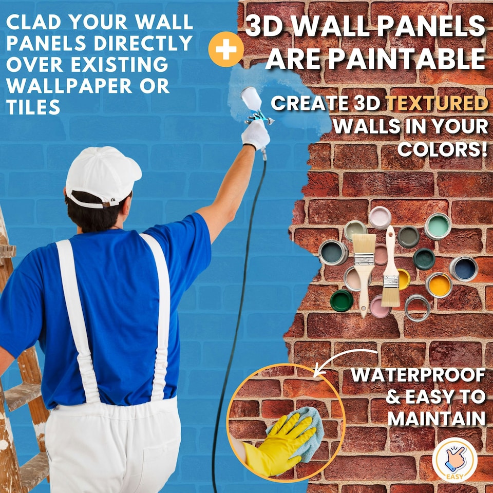 image 1 of NOVECRAFTO 3D Brick Effect Wall Panels – 6 PVC Sheets, Covers 29.76 sq ft (2.76 sqm), 96x48cm Each – Red Faux Brick Look, Easy DIY Wall Cladding Red
