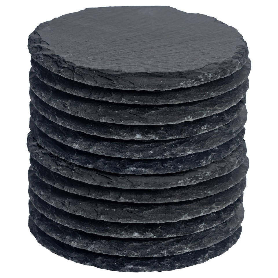 image 1 of Argon Tableware 10cm Round Slate Coasters - Drink Coasters Black Stone Natural Slate Drink Placemats Mug Glass Cup Mats | Black | Natural | 12
