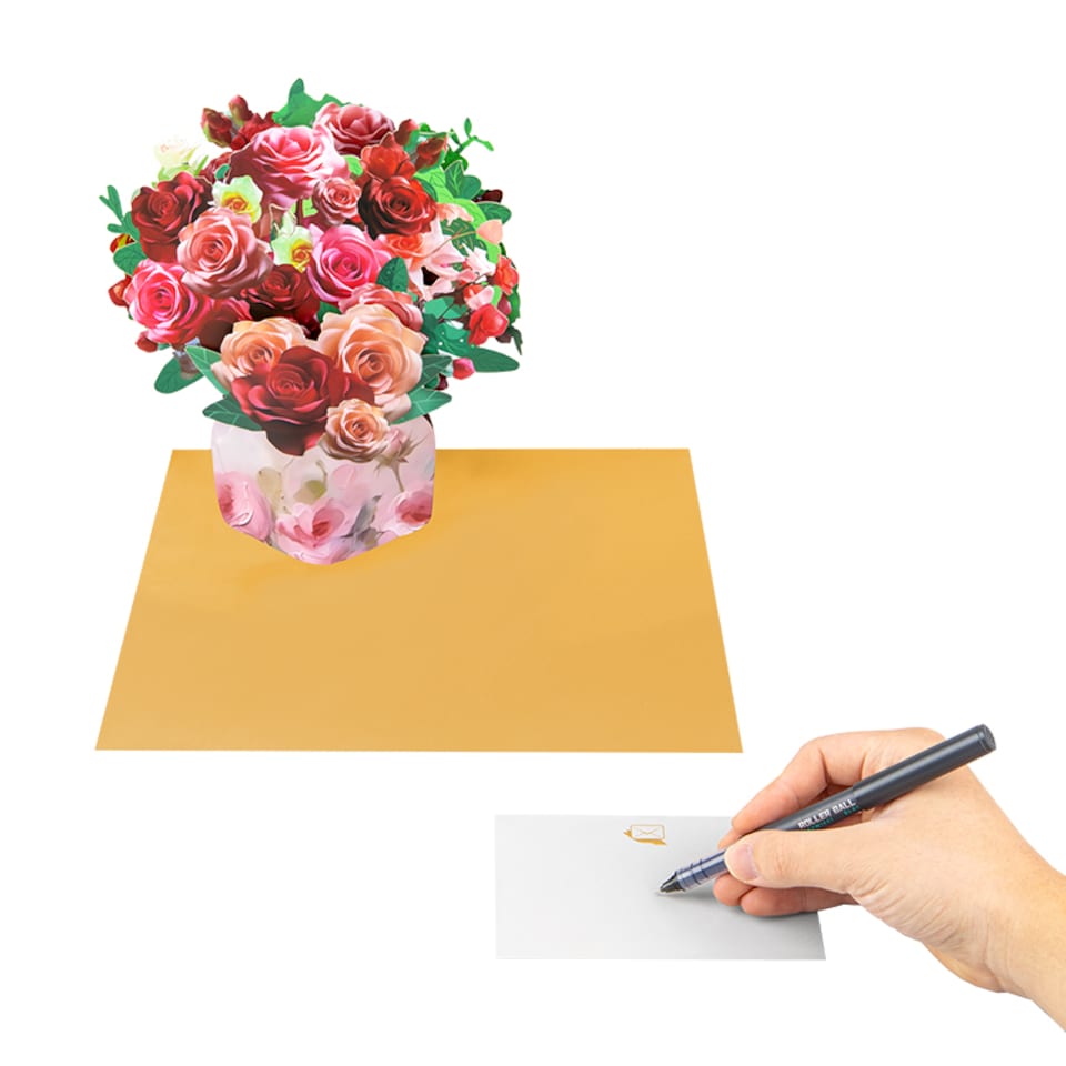 image 1 of Blushing Blooms Rose Bouquet 3D Pop Up Vase Greeting Card - Birthday Anniversary Mother's Valentine's Day
