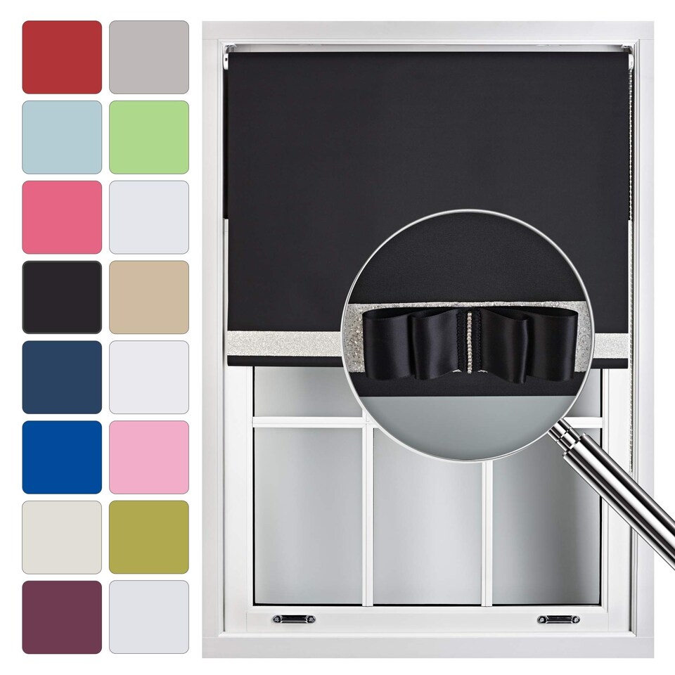 image 1 of FURNISHED Blackout Roller Blind with White Glitter Trim and Black Bow Cut to Size | Black | Black 1 | (W) 60cm x (L) 210cm