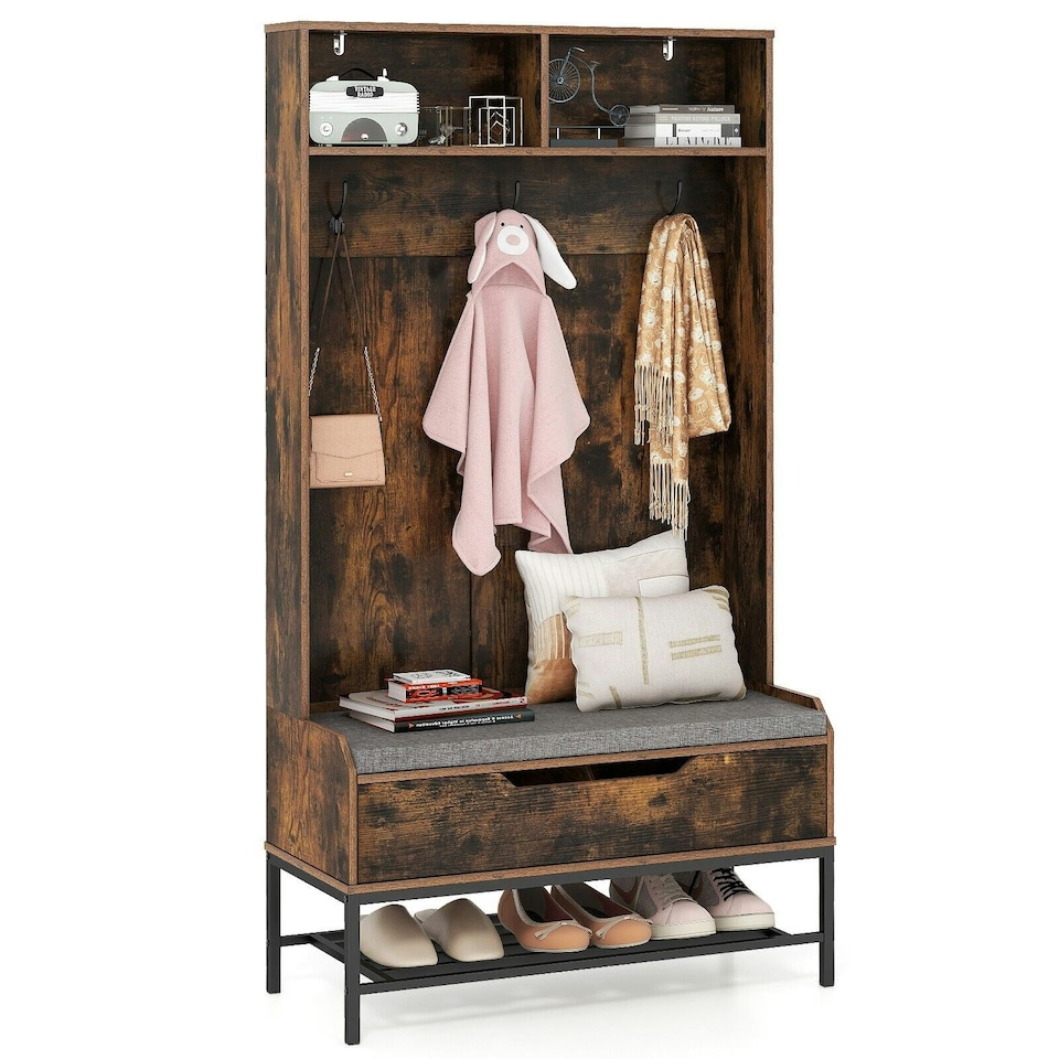 image 1 of COSTWAY 170cm Tall Hall Tree 4-in-1 Coat Rack Entryway Brown Brown | One Size