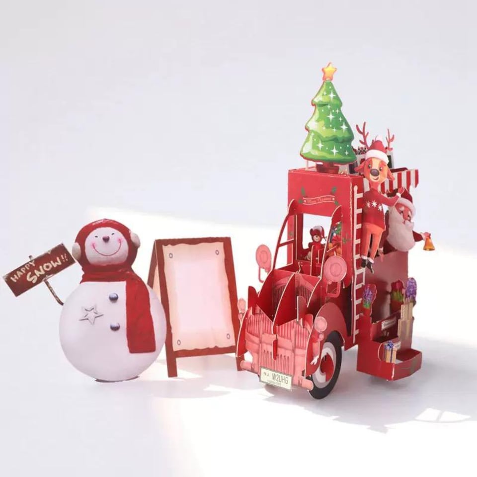 image 1 of Santa’s Festive Truck & Snowman Scene Christmas Card