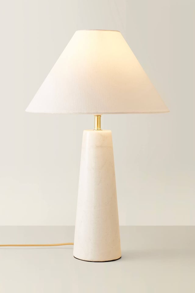 image 1 of ValueLights Margot White Marble Bedside Table Lamp Linen Taper Shade & Bulb | White