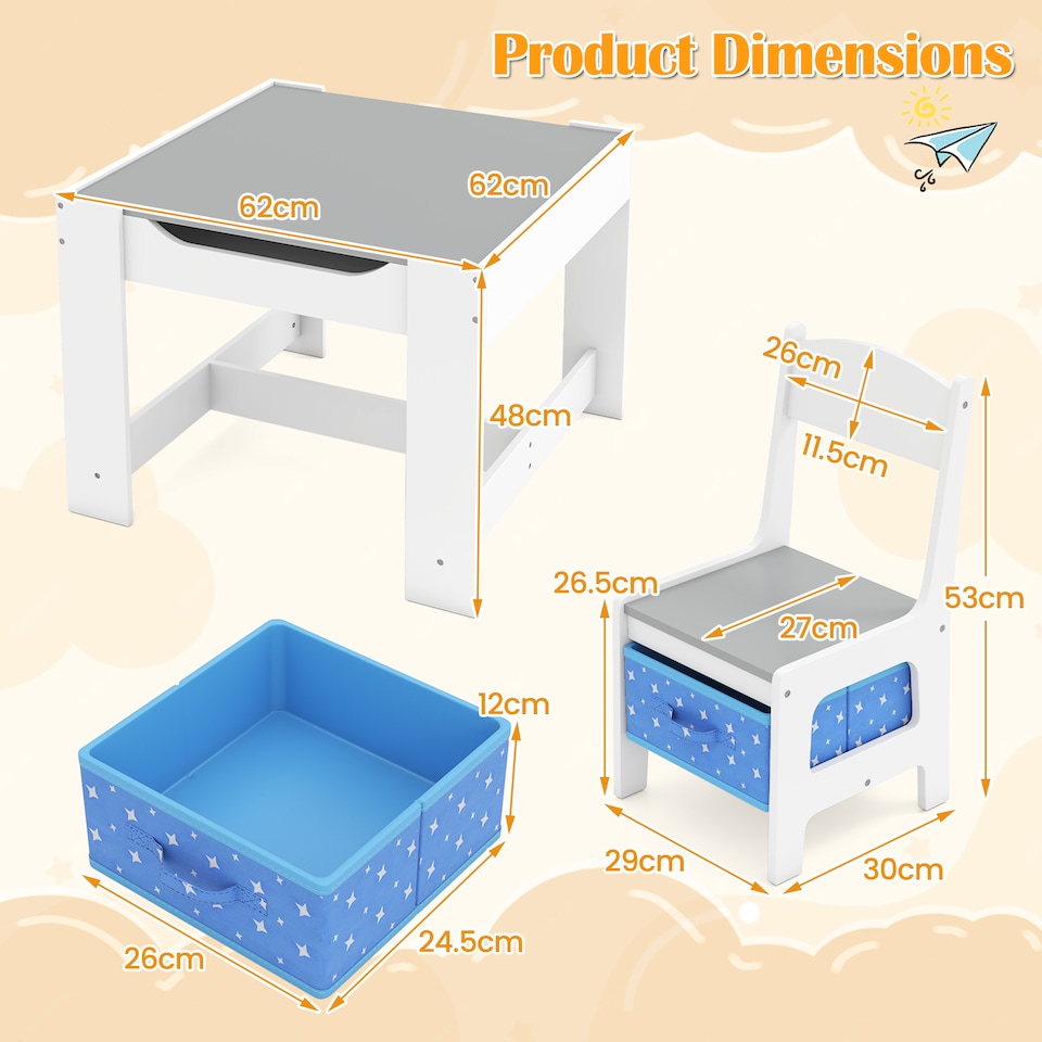 image 1 of COSTWAY Kids Multifunctional Table and 2 Chairs Set Blue