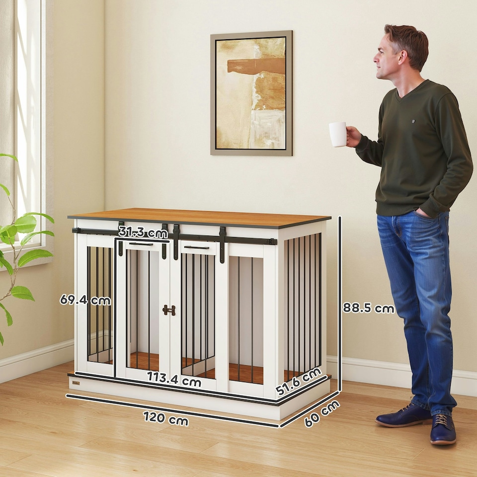 image 1 of PawHut Dog Crate Furniture for Large Dogs, Double Dog Cage for Small Dogs, White