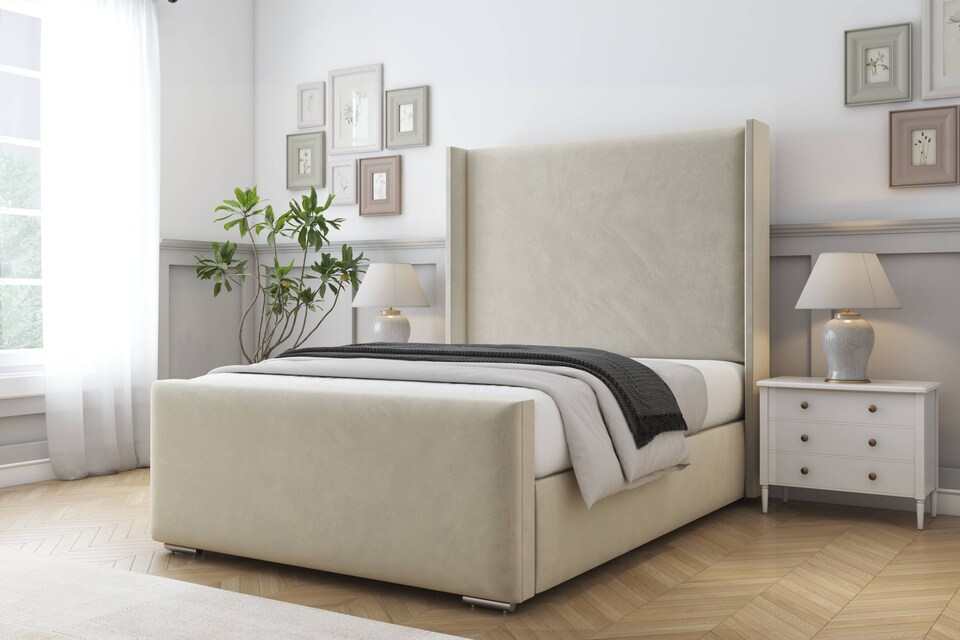 image 1 of Sloomy Devonshire Cream Plush Bed Frame With Mattress With 50"  Upholstered Wingback Headboard 6' Super King