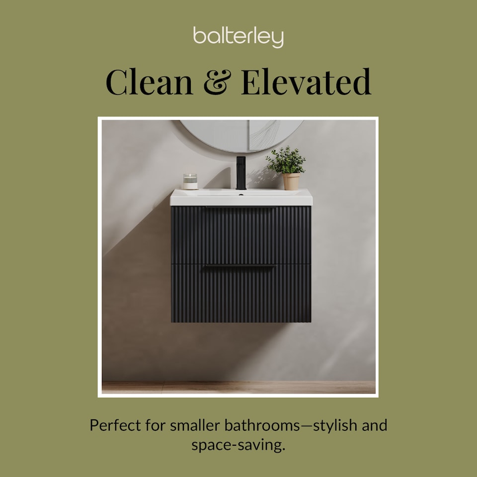 image 1 of Balterley Fluted Front Wall Hung 2-Drawer Bathroom Vanity Unit with 1 Tap Hole Basin, Handles | Grey | Soft Black