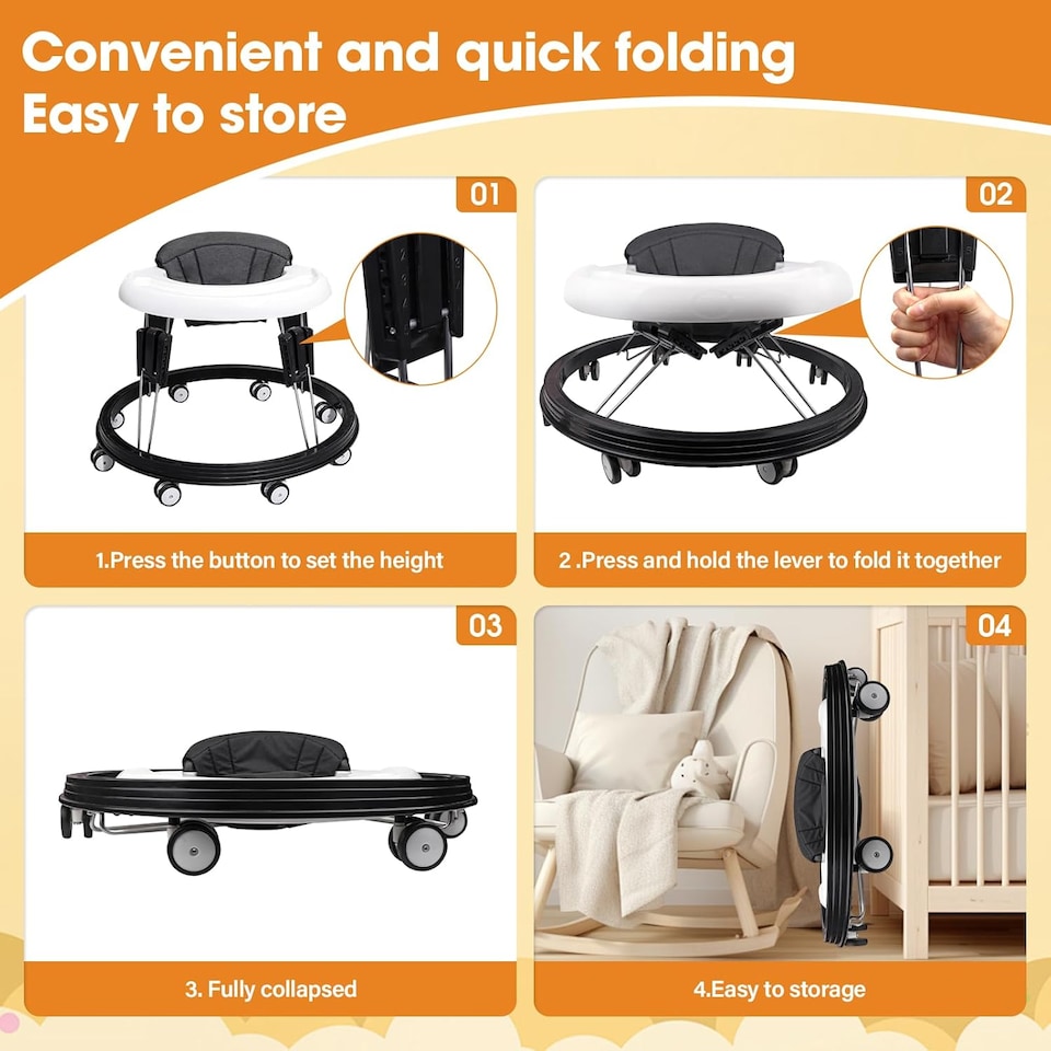 image 1 of Alivio Foldable Baby Walker with 9-Height Adjustment & 360° Safety (Black & White)