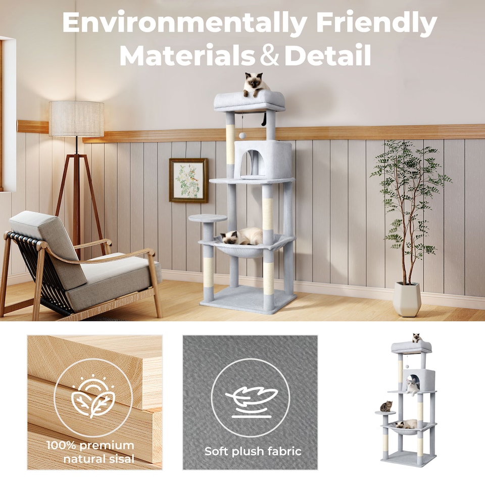 image 1 of Skylos 143cm Cat Tree Multilevel Scratching Post Plush Climbing Tower