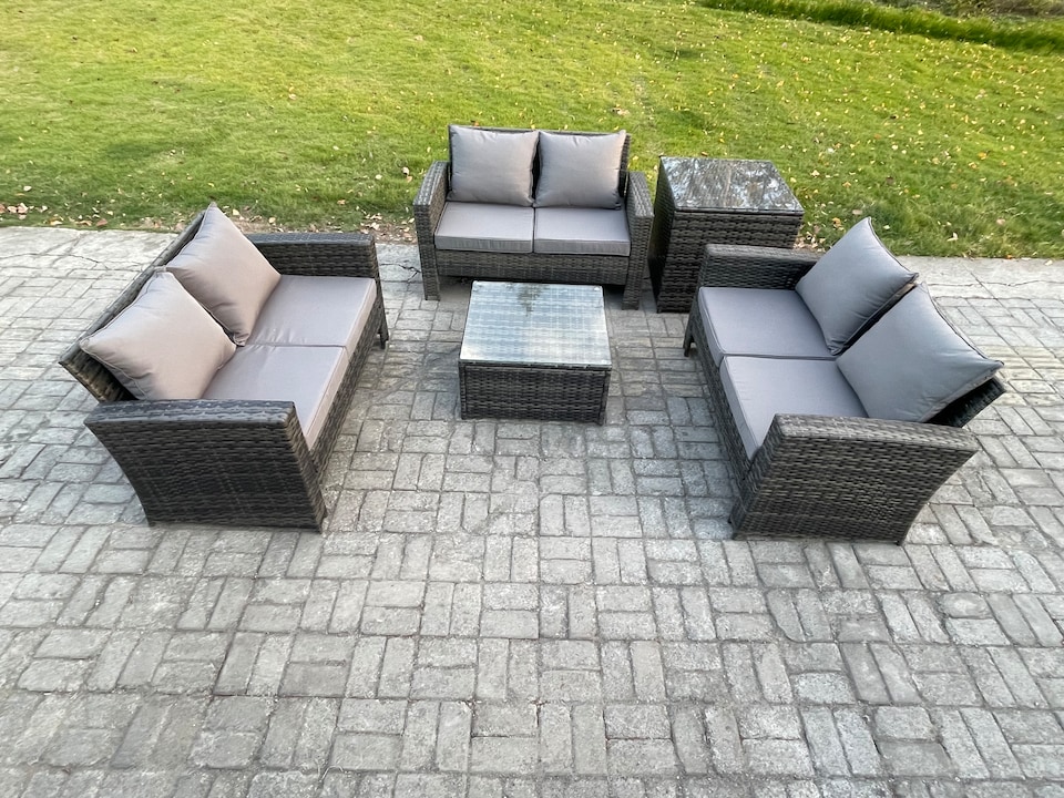 image 1 of Fimous 6 Seater Rattan Wicker Garden Furniture Patio Conservatory Sofa Set with Square Coffee Table Double Seat Sofa Side Table
