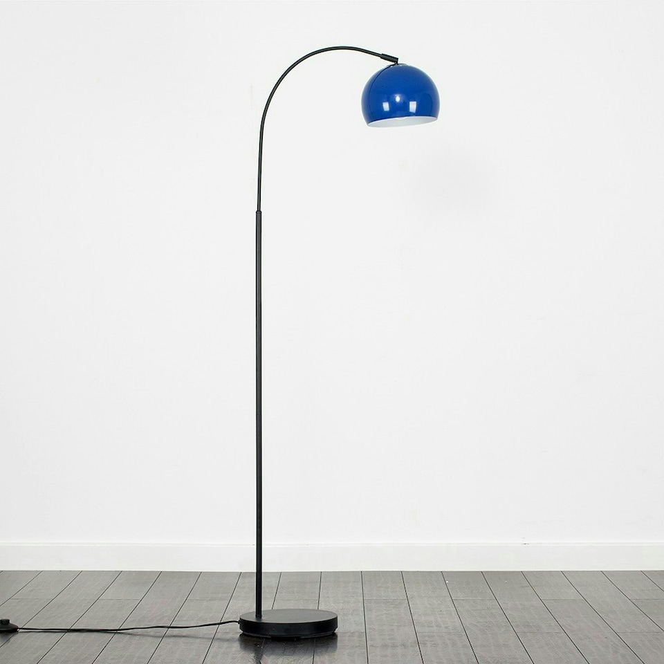 image 1 of ValueLights Designer Style Black Stem Floor Lamp With Navy Blue Arco Style Metal Dome Light Shade With LED GLS Bulb in Warm White