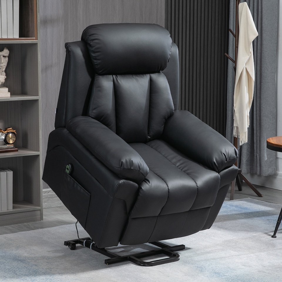 image 1 of HOMCOM Power Lift Chair Recliner for Elderly, Electric Recliner Chair, Overstuffed Faux Leather Riser and Reclining Armchair with Remote Control, Side Pockets, for Living Room, Black