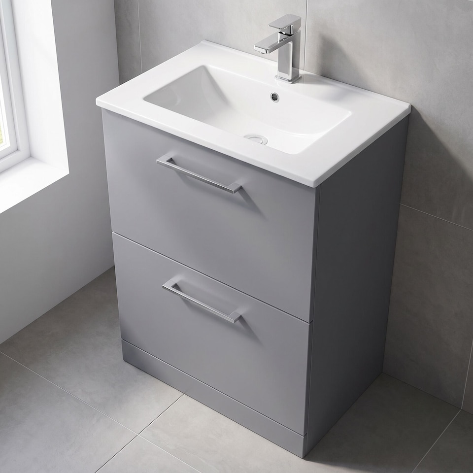 image 1 of Balterley Modern Bathroom 2 Soft Close Drawer & Minimalist Floor Standing Vanity Unit Basin | Grey | Satin Grey | 818 x 600 x 390mm
