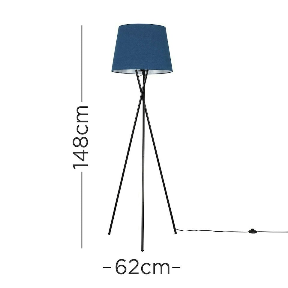 image 1 of ValueLights Camden Black Tripod Floor Lamp Navy Blue Taper Shade & Bulb Blue