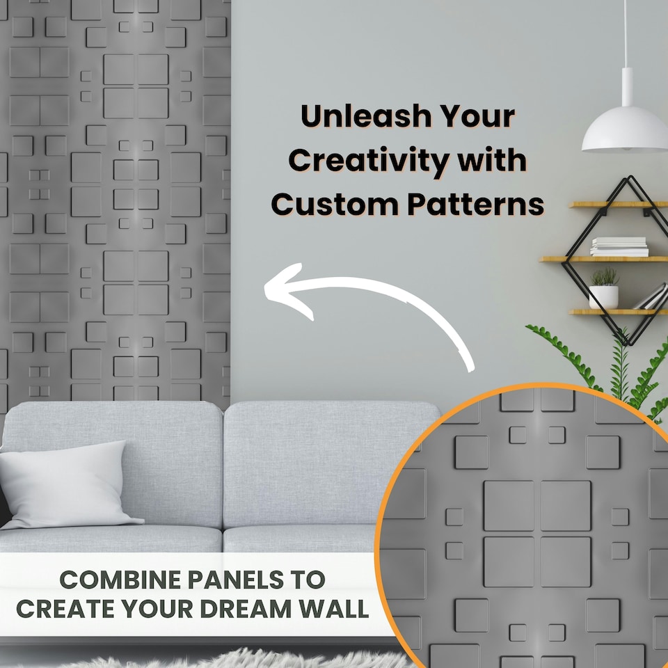 image 1 of NOVECRAFTO 3D Geometric Wall Panels – Matt White Squares Design – 6 PVC Sheets – 1.5m² (16.15sqft) – Interior Cladding Wall Tile Effect | White