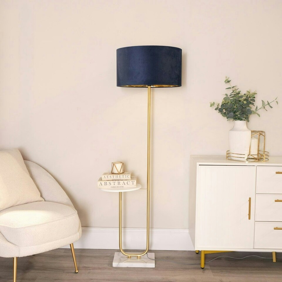 image 1 of ValueLights Tavel Gold Floor Lamp with Table and Navy Blue Velvet with Gold Inner Lamp Shade and LED Bulb