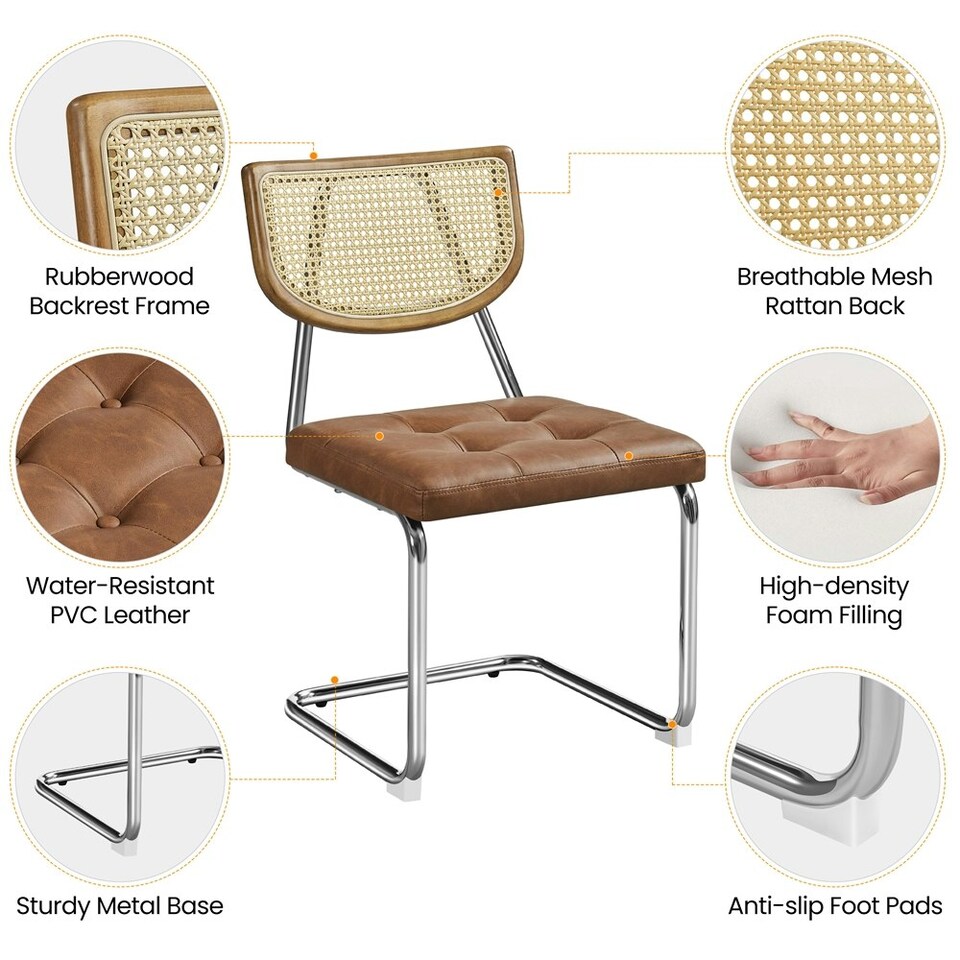 image 1 of Yaheetech Mid-Century Modern Dining Chairs with Mesh Rattan Back, Set of 2 Brown | Retro Brown