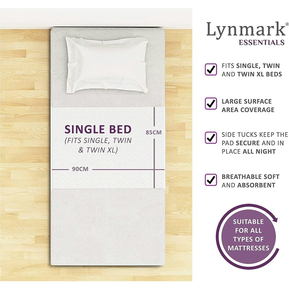 image 1 of Lynmark® Incontinence Bed Pads with Tucks - Washable, Absorbs up to 8 Cups, 90 x 85cm White | 1 pack | Single