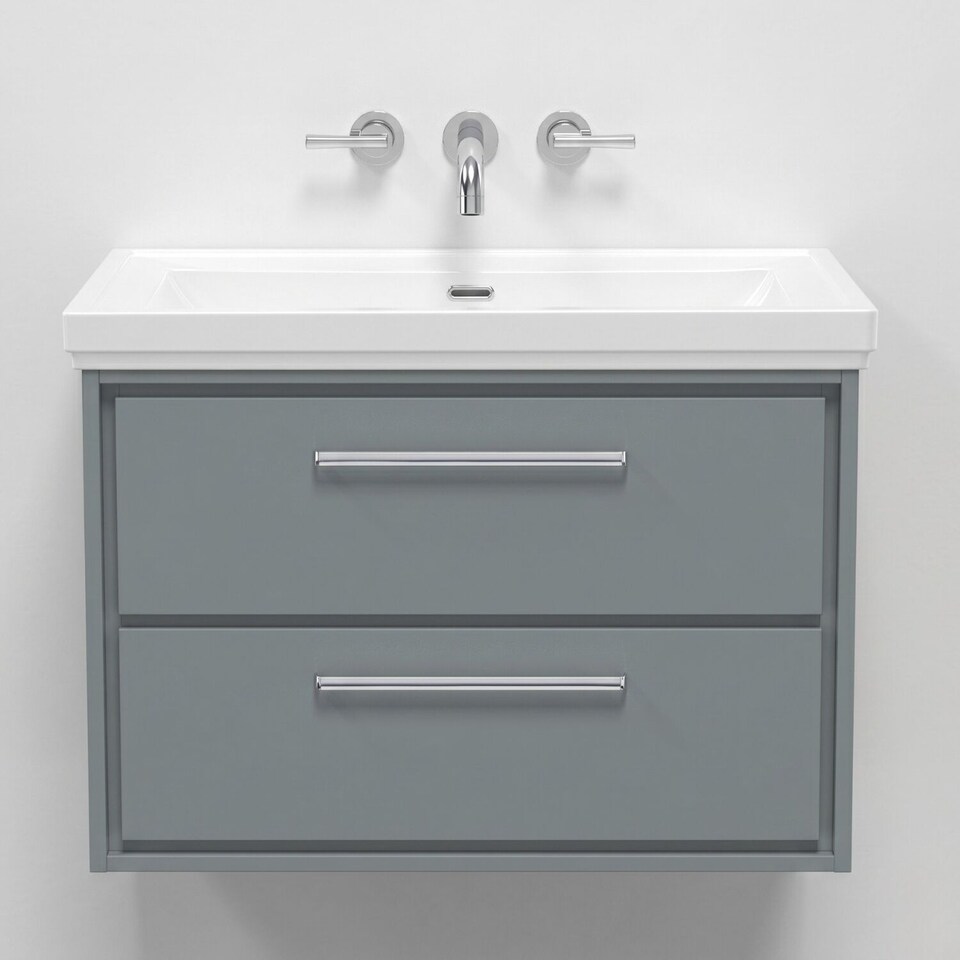 image 1 of Balterley Modern Wall Hung 2-Drawer Bathroom Vanity with Fireclay Basin - No Tap Holes | Grey | Monument Grey | 606 x 830 x 471mm