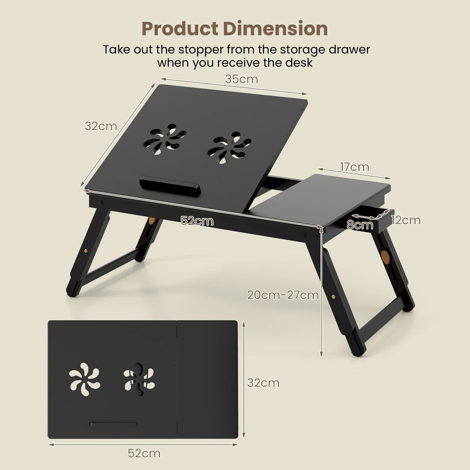 image 1 of COSTWAY Laptop Lap Table w/Adjustable Legs & Storage Drawer | Brown