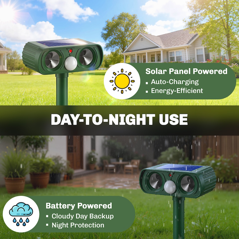 image 1 of Outsunny Cat Repellent for Gardens, Solar Ultrasonic PIR Fox Cat Deterrent | Green | Green | 14 x 9.2 x 37 cm