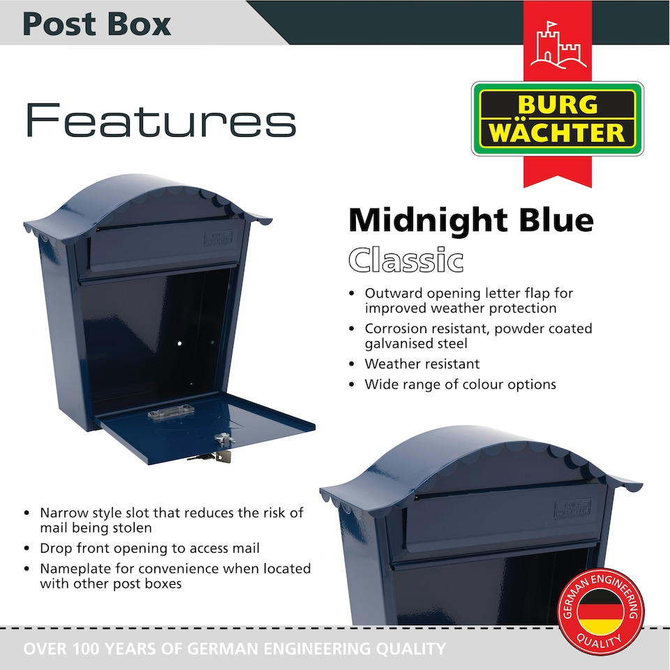 image 1 of Burg-Wachter Classic Wall Mounted Galvanised Steel Lockable Weatherproof Post Box - 36x37x13cm Blue | Midnight Blue