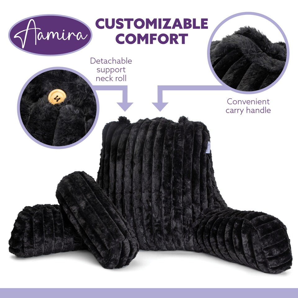 image 1 of Aamira Reading Pillow Black Faux Fur Ribbed Memory Foam Support Cushion | Black | Black | Standard | 1