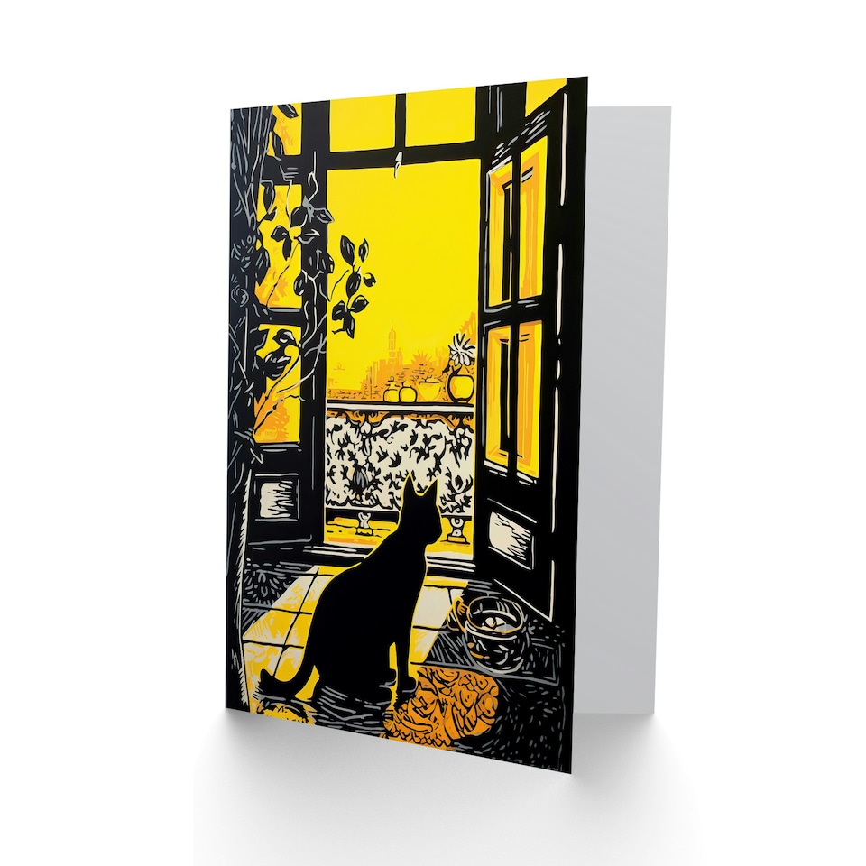 image 1 of Black Cat Sunbathing Balcony for Him or Her Art Card