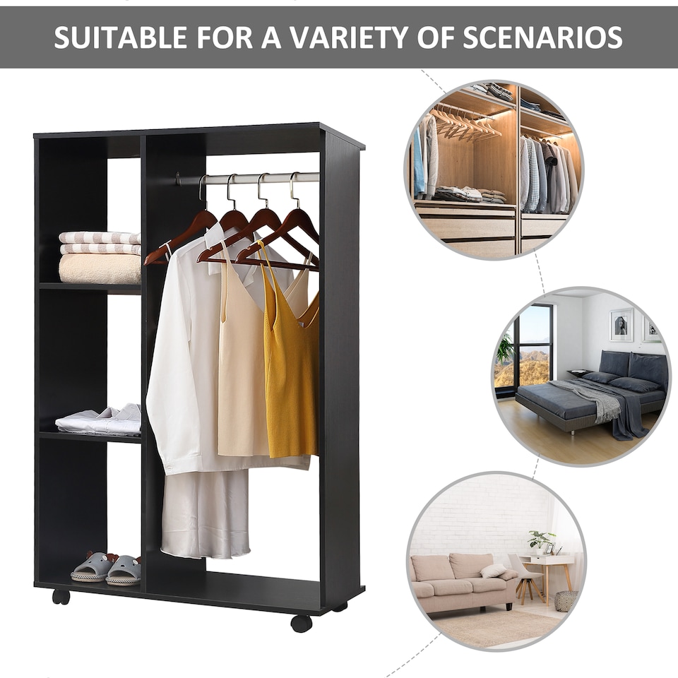 image 1 of HOMCOM Rolling Open Wardrobe Hanging Rail Storage Shelves for Clothes, Black