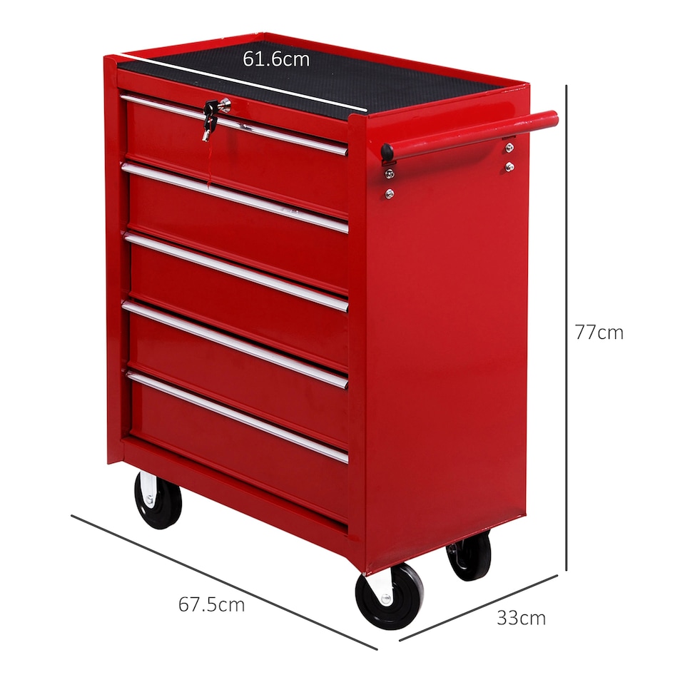 image 1 of HOMCOM 5 Drawer Tool Box, Lockable Steel Tool Chest on Wheels, Rolling Chest Cabinet with 5 Drawers and Handle for Workshop, Garage, Red | Red | 1