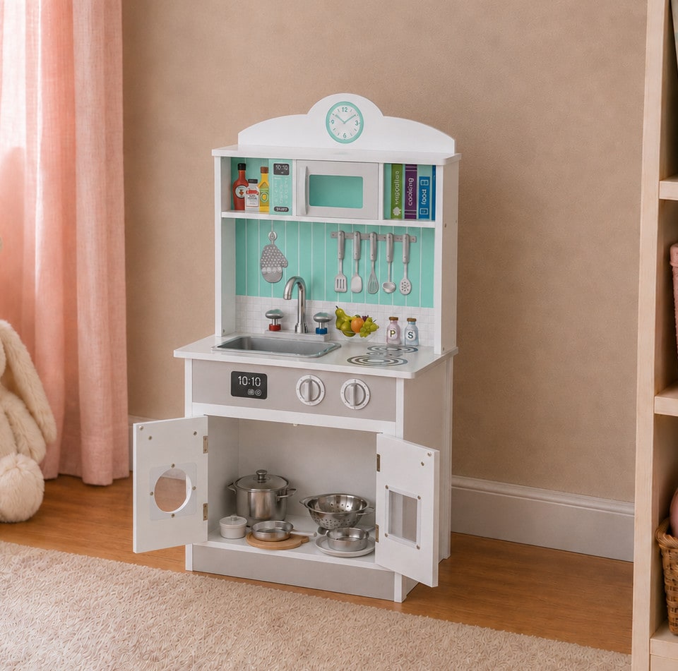 image 1 of Teamson Kids Wooden Play Kitchen with Sink, Oven and Storage, Madrid Red