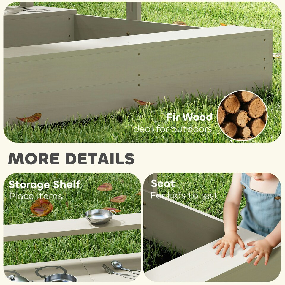image 1 of Outsunny Kids Wooden Sandbox w/ Canopy, Kitchen Toys, Seat, Storage, for Outdoor
