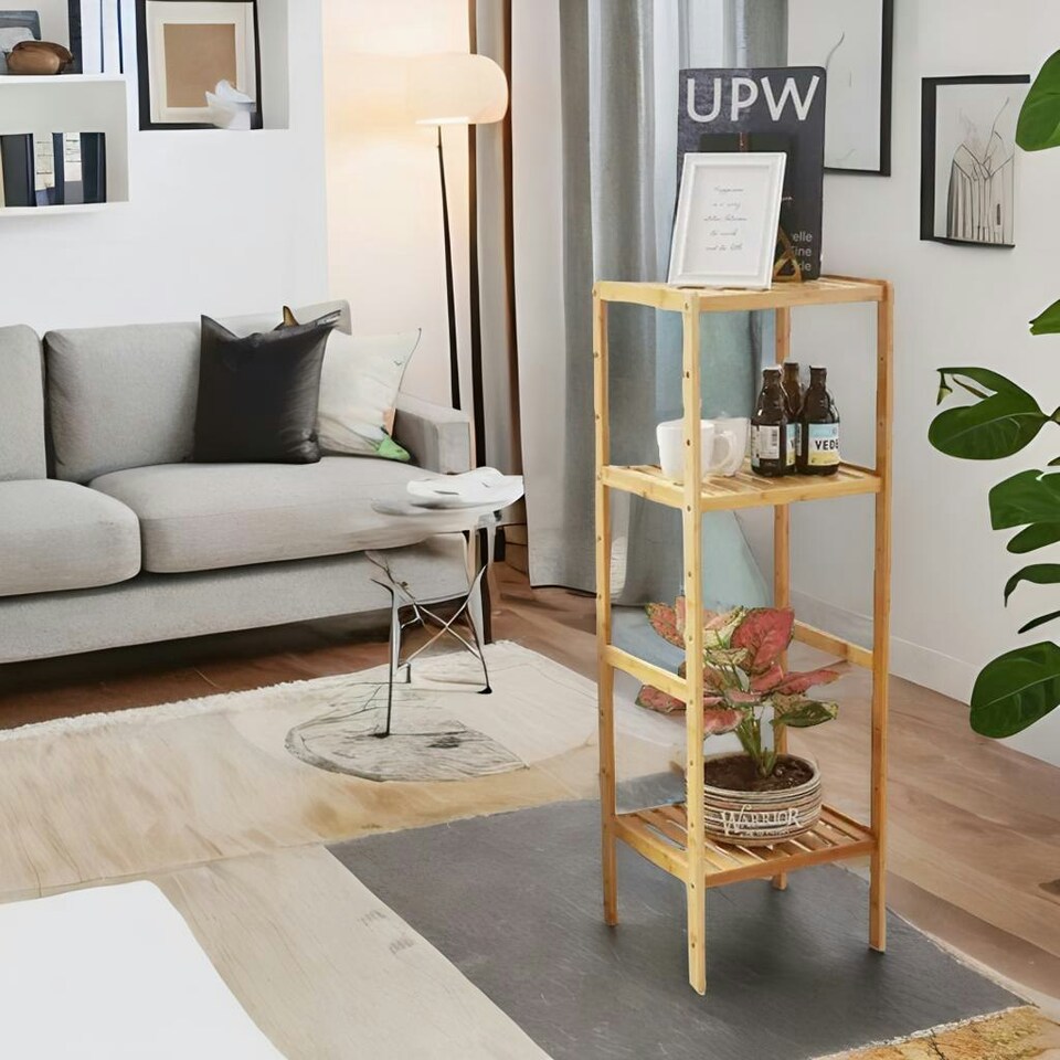 image 1 of 4 Tier Adjustable Wooden Standing Shelving Rack Unit Natural Brown Brown | One Size