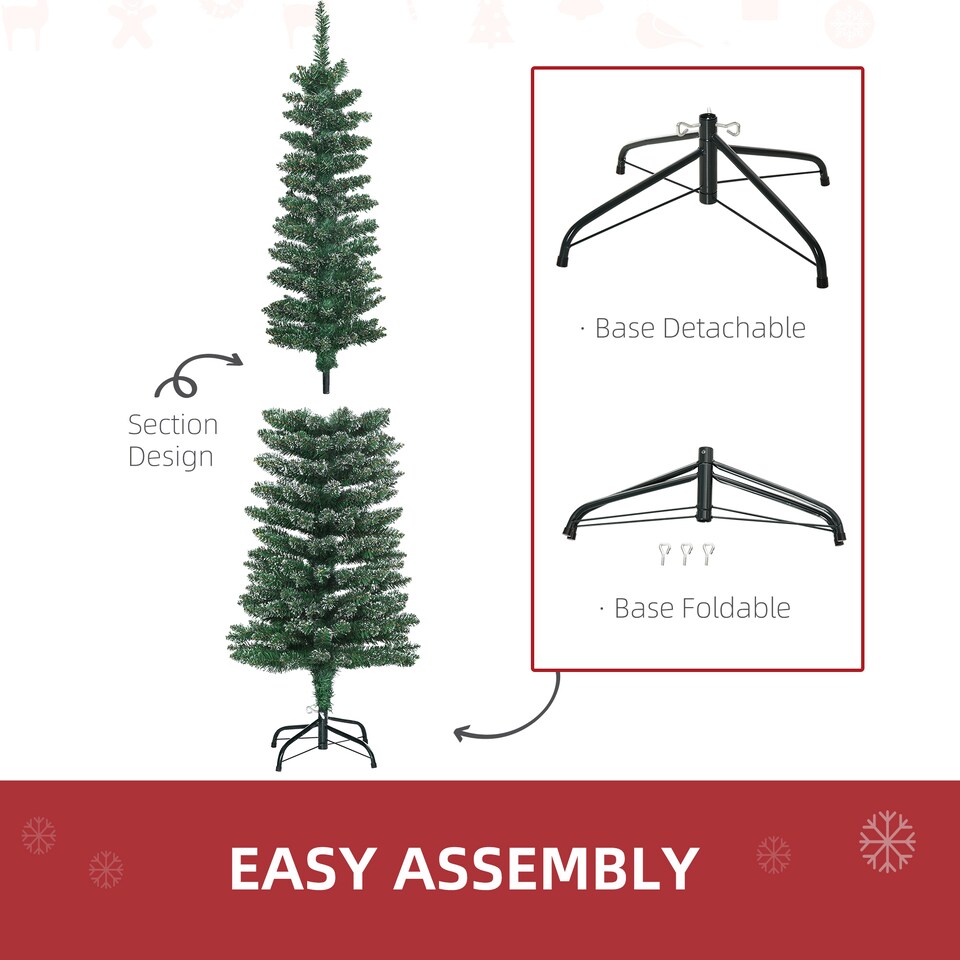 image 1 of HOMCOM 5.5FT Artificial Snow Dipped Christmas Tree mas Pencil Tree Holiday Home Indoor Decoration with Foldable Black Stand, Green