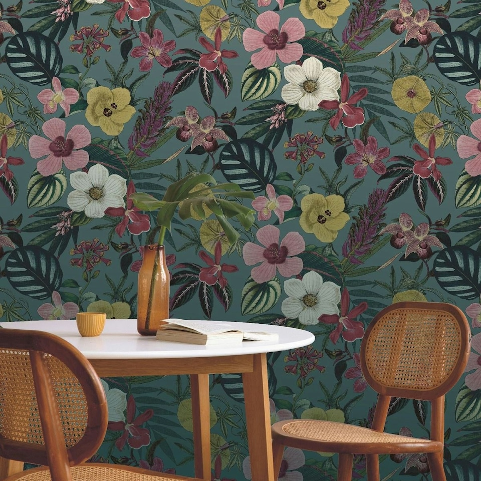image 1 of Rasch Priya Floral Wallpaper - Multicoloured/Petrol - 10m x 53cm Multi