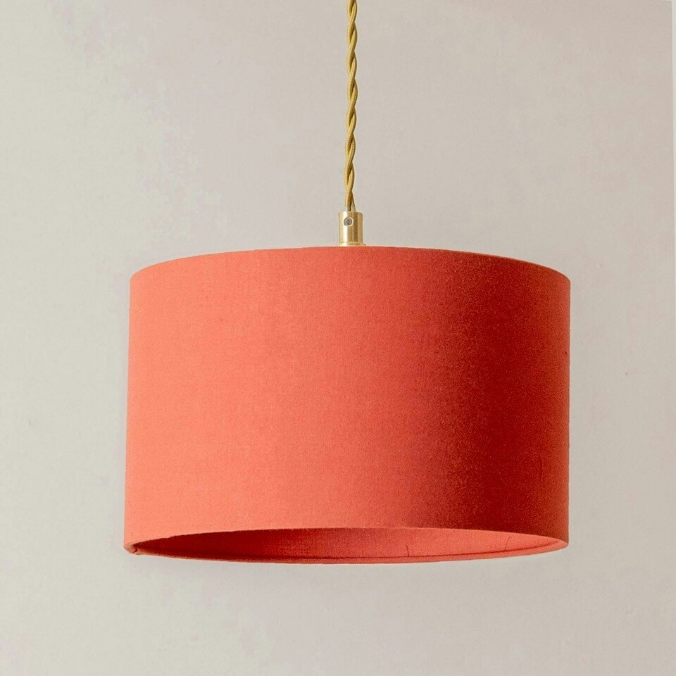 image 1 of ValueLights Reni Rust Fabric Drum Shade 3 Drop Bar Brushed Gold Diner Ceiling Pendant Light Gold