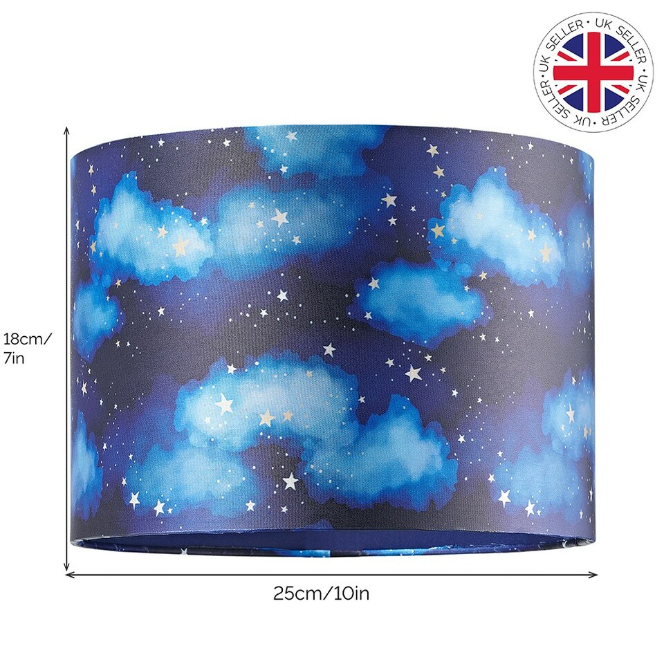 image 1 of Modern Navy Blue Childrens Lamp Shade with Bright Gold Stars and White Clouds | Blue | 10"