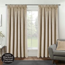 Oxford Cream Velvet Curtains 66 x 72 inch (168 x 183 cm) 100% Blackout Pencil Pleat Thermal Noise Reducing Curtains for Bedroom and Living Room