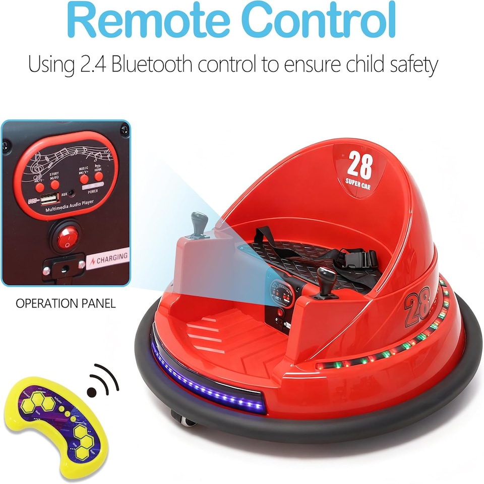 image 1 of Alivio Remote Control Bumper Car for Kids, 360° Spin with Lights, Music & Safety Belt (Red)