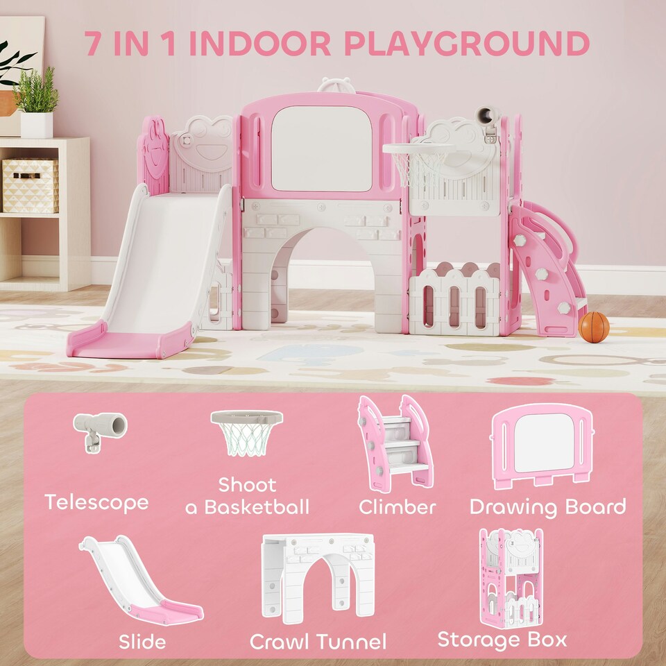 image 1 of AIYAPLAY 7 in 1 Toddler Slide Set, Frog Theme Playset with Basketball Hoop