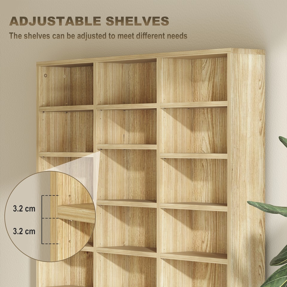 image 1 of HOMCOM 1116 CD/ 528 DVD Storage Unit, Media Storage Shelf, Wooden Display Unit with Adjustable Shelves, 102 x 195 cm, Oak Tone | White