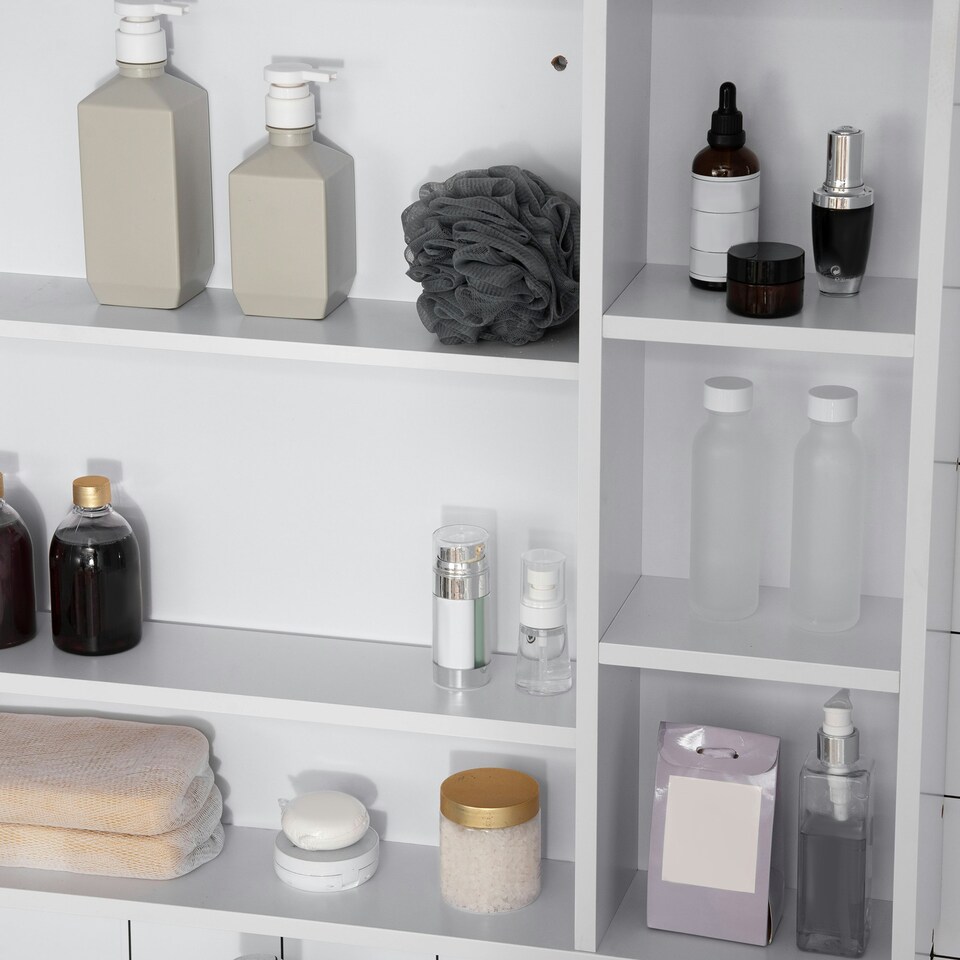 image 1 of kleankin Bathroom Cabinet Wall Mount Storage organiser Mirror Shelves White White
