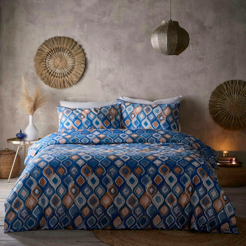 image 1 of Portfolio Home Tangiers Geometric Soft Easy Care Bed Linen Bedding Duvet Cover Quilt Set With Pillow Case Blue | Double