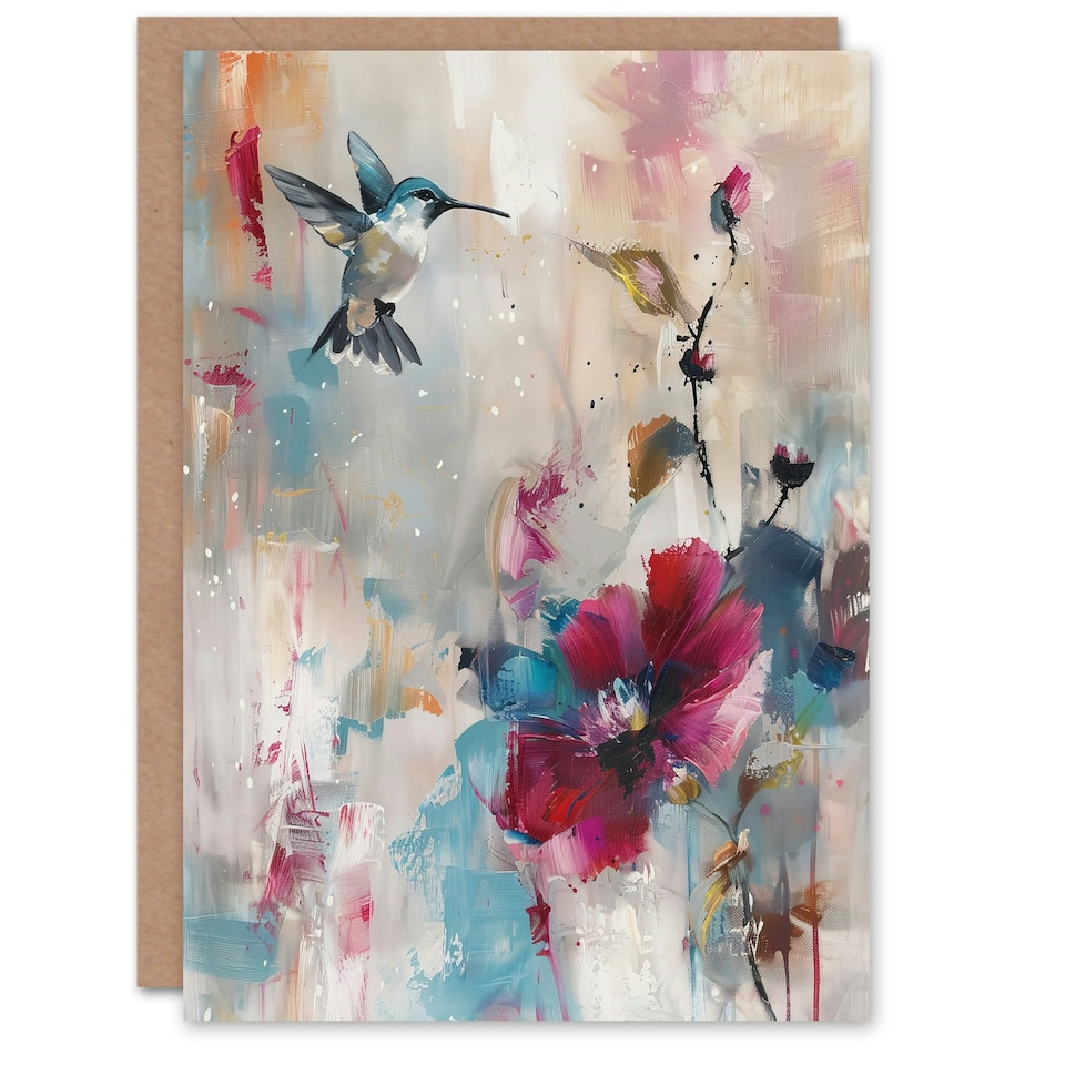 image 1 of Zinnia Flower Blooms Oil Woman Hummingbird Her Birthday Card