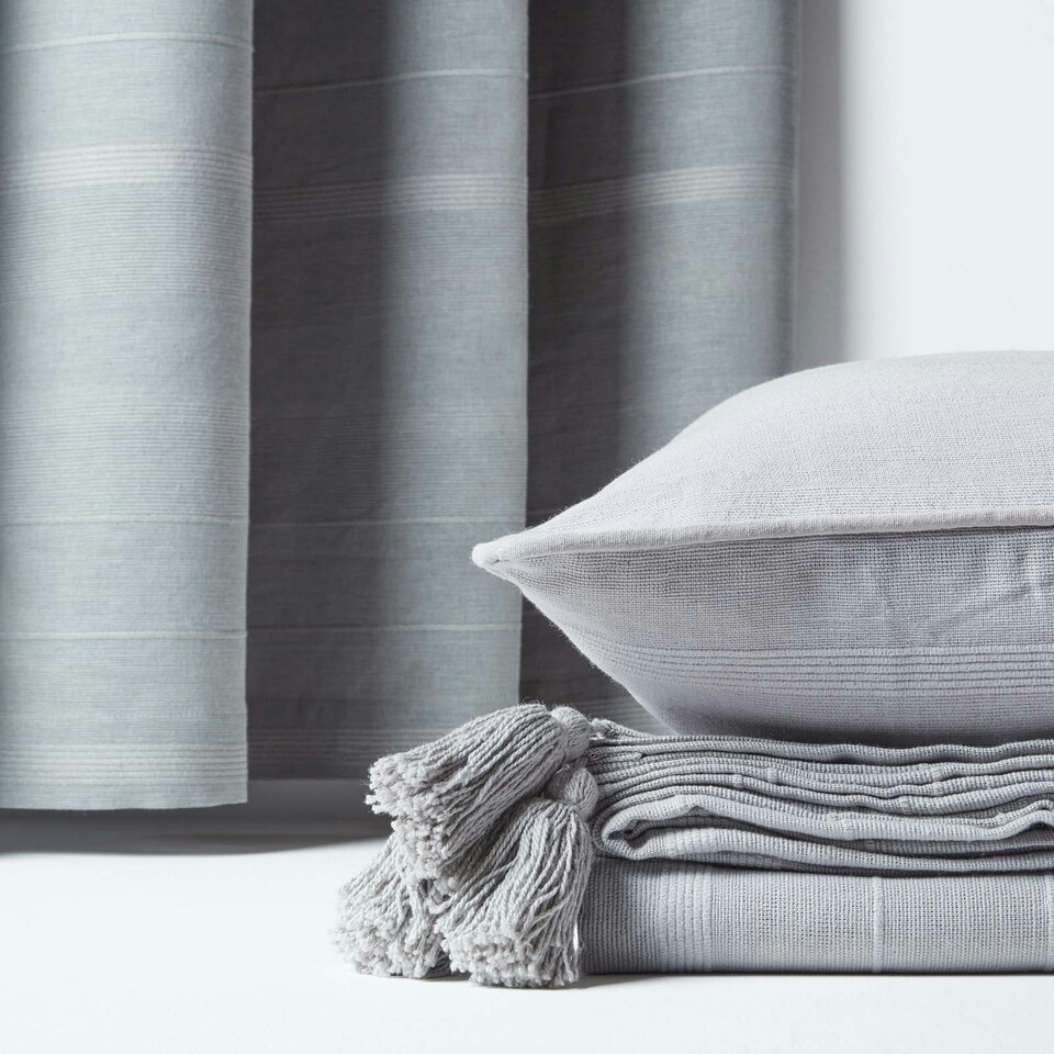 image 1 of Homescapes Cotton Rajput Ribbed Silver Grey Curtain Pair - 66 x 90" Grey