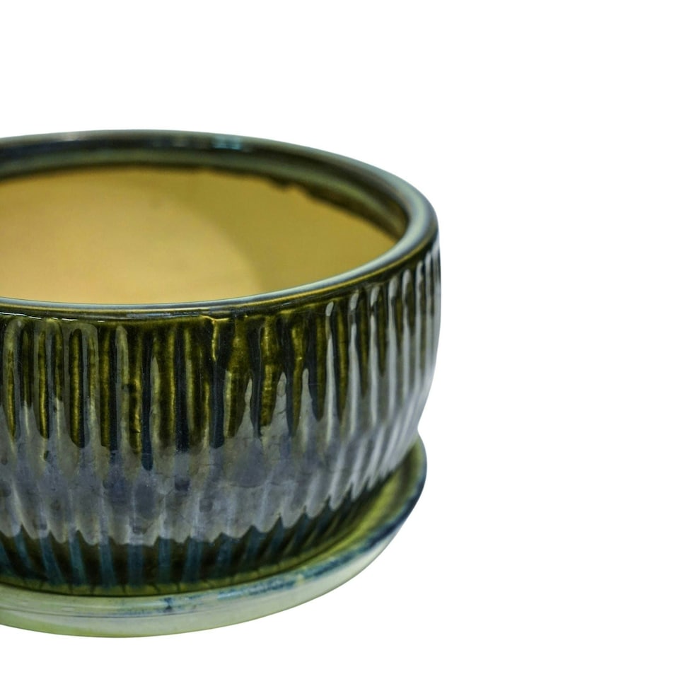 image 1 of Round Reactive Glaze Bonsai Planter Set of 2 - Cement - L24.5 x W24.5 x H12 cm - Emerald | Green
