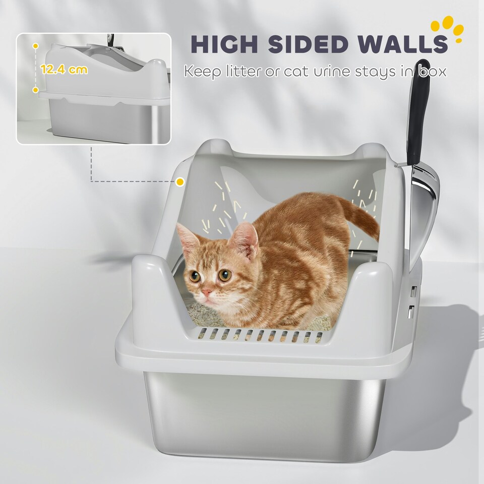 image 1 of PawHut Stainless Steel Cat Litter Box with High Sides Grey | M