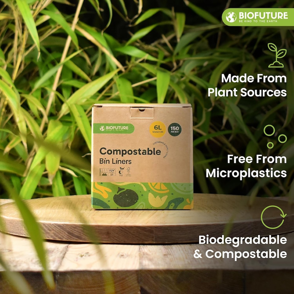 image 1 of Biofuture 6L x 150 Compostable Bin Liners | Home Compostable & Council Approved | Fits 5-7L Kitchen Food Waste Bins | EN13432 Certified & TUV Certified
