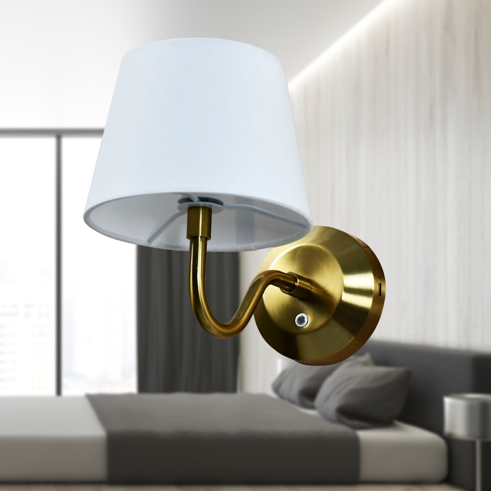 image 1 of Set of 2 Hamilton - Brass Rechargeable Wall Lights with White Shades
