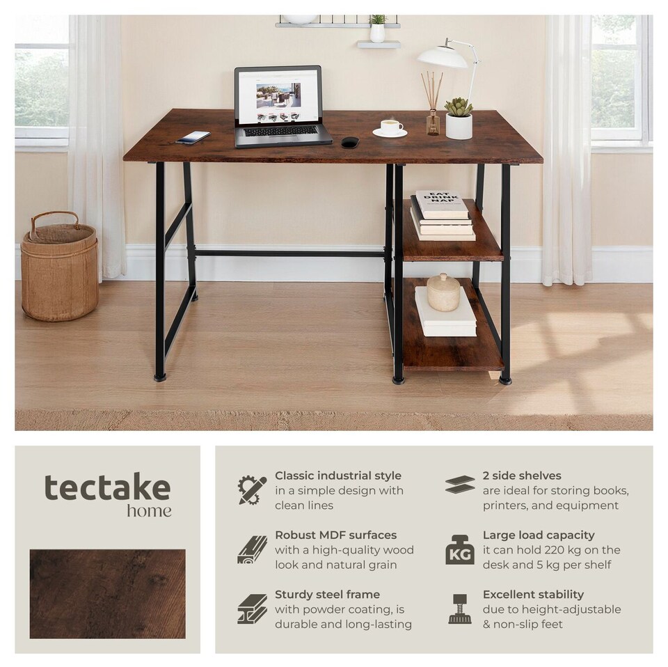 image 1 of Desk Paisley - trapezoidal frame, shelf with 2 storage compartments | Brown | Industrial wood dark, rustic | 120 x 50 x 73,50 cm | 1